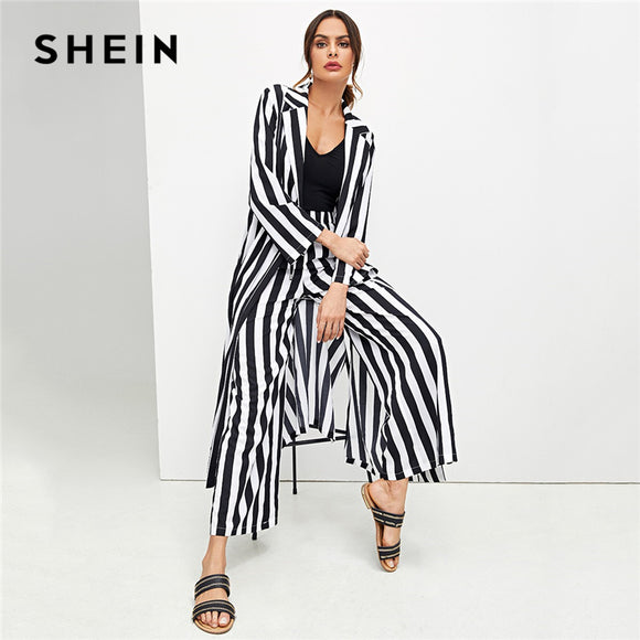 SHEIN Black And White Highstreet Striped Print Drawstring Waist Top And Palazzo Pants