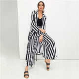 SHEIN Black And White Highstreet Striped Print Drawstring Waist Top And Palazzo Pants