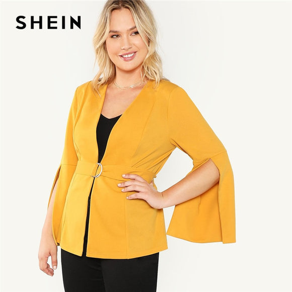 SHEIN Plus Size Split Sleeve Belted Women Workwear Blazer Long Sleeve Plain Wrap Outerwear Autumn Office Ladies Elegant Coats