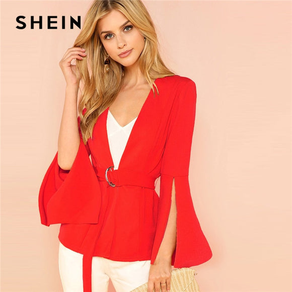 SHEIN Red Office Lady Highstreet Split Sleeve Belted Solid Elegant Blazer 2018 Autumn Streetwear Women Coat And Outerwear