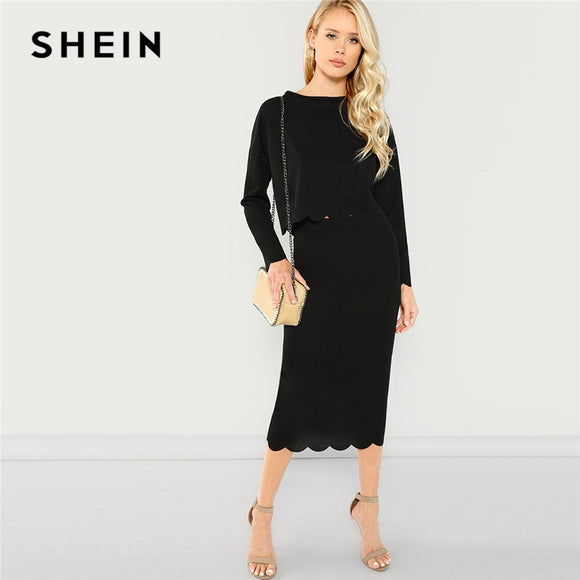 SHEIN Black Office Lady Highstreet Scallop Trim Solid Long Sleeve Top And Skirts Set 2018 Autumn Elegant Women Tow Pieces