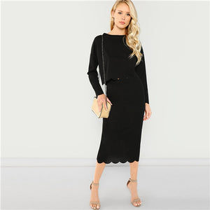 SHEIN Black Office Lady Highstreet Scallop Trim Solid Long Sleeve Top And Skirts Set 2018 Autumn Elegant Women Tow Pieces