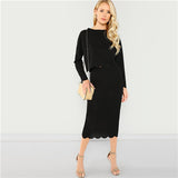 SHEIN Black Office Lady Highstreet Scallop Trim Solid Long Sleeve Top And Skirts Set 2018 Autumn Elegant Women Tow Pieces