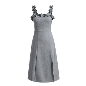 Glamaker Grey fitness ruffle split long dress Casual winter vintage sleeveless robe midi dress Autumn party dress daily vestidos