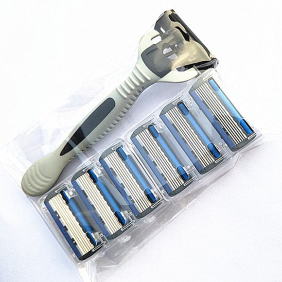 6 Layers Razor 1 Razor Holder + 7 Blades Replacement Shaver Head Cassette Shaving Razor Set Blue Face Knife For Man