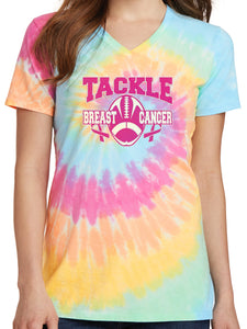 Ladies 100% cotton Tackle Breast Cancer V-neck Tie Dye Tee