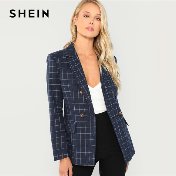 SHEIN Elegant Navy Cotton Double Breasted Blazer for Women