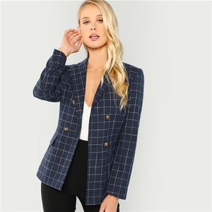 SHEIN Elegant Navy Cotton Double Breasted Blazer for Women