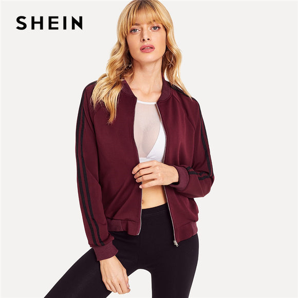 SHEIN Burgundy Casual Zipper Up Striped Sleeve Bomber Jacket 2018 New Women Autumn Raglan Sleeve Stand Collar Coat And Outerwear