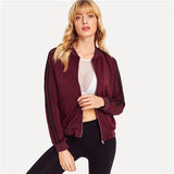 SHEIN Burgundy Casual Zipper Up Striped Sleeve Bomber Jacket 2018 New Women Autumn Raglan Sleeve Stand Collar Coat And Outerwear