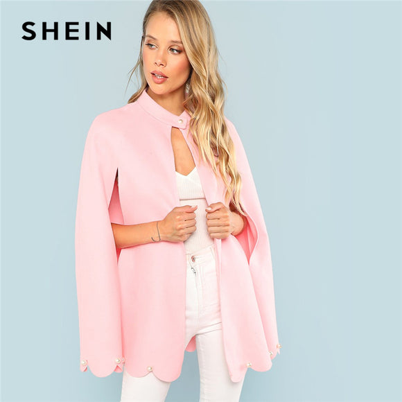 SHEIN Pink Buttoned Neck Pearl Beading Detail Cape Coat Elegant Cloak Sleeve Blazer Coats Women Autumn Office Lady Coat