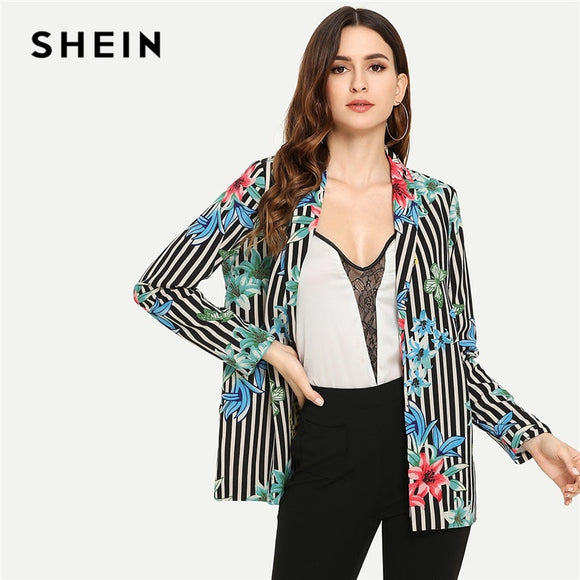 SHEIN Black and White Elegant Long Sleeve Blazer Women Floral and Striped Print Shawl Collar Office Ladies Coat Outerwear