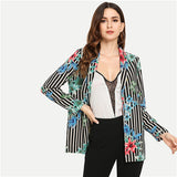 SHEIN Black and White Elegant Long Sleeve Blazer Women Floral and Striped Print Shawl Collar Office Ladies Coat Outerwear