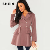 SHEIN Pink Double Breasted Collar Neck Solid Coat 2018 Autumn Elegant Longline Flared Outerwear Modern Lady Coats