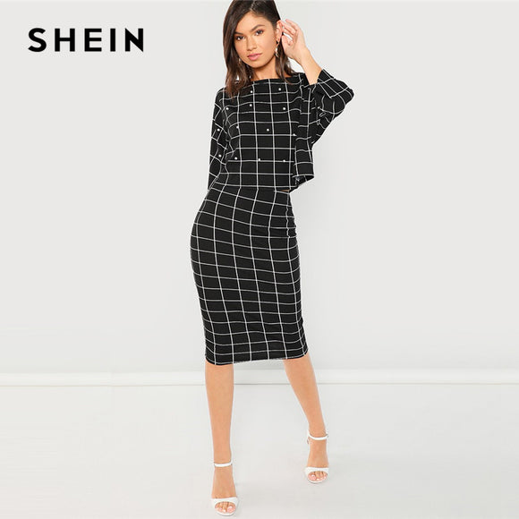 SHEIN Black Pearl Embellished Front Top & Pencil Skirt Set Three Quarter Length Sleeve Elegant 2018 Spring Plain Twopiece