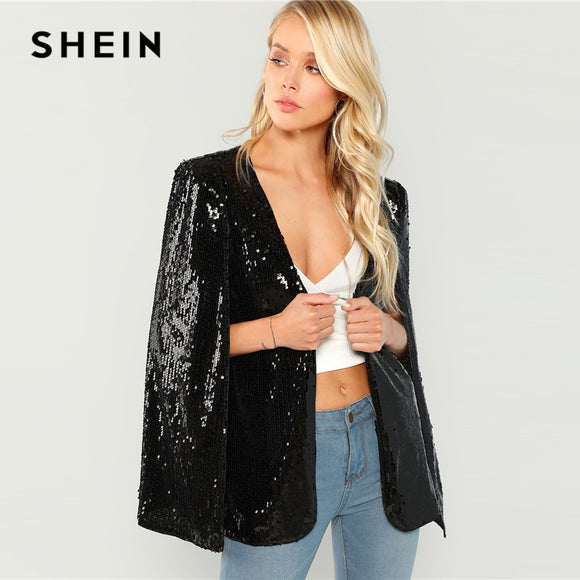 SHEIN Black Open Front Sequin Coat Rock Elegant Long Sleeve Blazer Modern Lady Fashion Women Autumn Workwear Outerwear