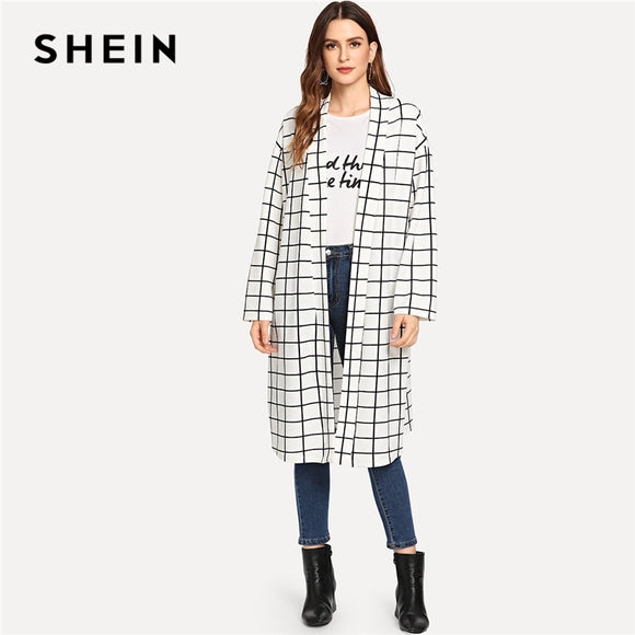 SHEIN Black and White Shawl Collar Plaid Coat Long Sleeve 2018 Streetwear Weekend Casual Contrast Modern Lady Outerwear Coat New