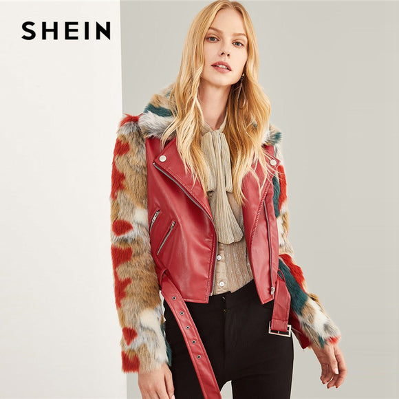 SHEIN Burgundy Zip Front Belted Soft Faux Fur Contrast Jacket Streetwear Long Sleeve Coat Women Winter Highstreet Outerwear