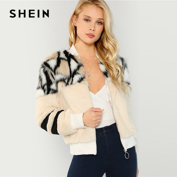 SHEIN Multicolor O-Ring Zip Up Faux Fur Coat Casual Stand Collar Long Sleeve Highstreet Outerwear Women Winter Short Coats