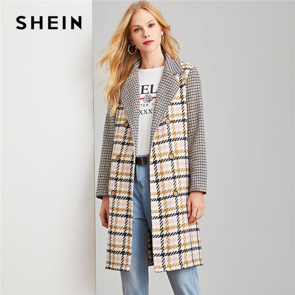 SHEIN Multicolor Office Lady Elegant Double Breasted Notched Neck Plaid Coat Autumn Modern Lady Workwear Women Coats Outerwear