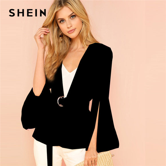 SHEIN Black Office Lady Elegant Split Sleeve Belted Solid Fashion Blazer 2018 Autumn Highstreet Women Coat Outerwear