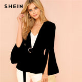 SHEIN Black Office Lady Elegant Split Sleeve Belted Solid Fashion Blazer 2018 Autumn Highstreet Women Coat Outerwear