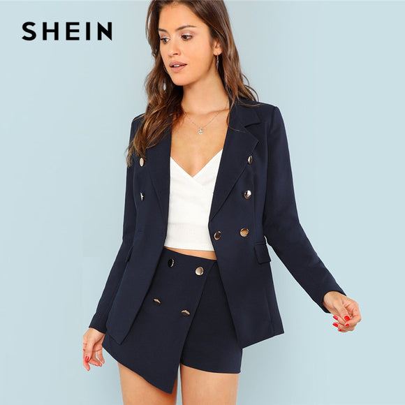 SHEIN Navy Solid Double Button Notched Office Women Blazers Without The Shorts 2018 Long Sleeve Workwear Outerwear Autumn Coats