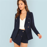 SHEIN Navy Solid Double Button Notched Office Women Blazers Without The Shorts 2018 Long Sleeve Workwear Outerwear Autumn Coats