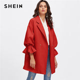 SHEIN Red Solid Drop Shoulder Preppy Pearls Ruffle Cuff Women Coat 2018 Streetwear Ladies Outwear Office Warm Winter Coats