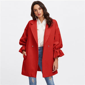 SHEIN Red Solid Drop Shoulder Preppy Pearls Ruffle Cuff Women Coat 2018 Streetwear Ladies Outwear Office Warm Winter Coats