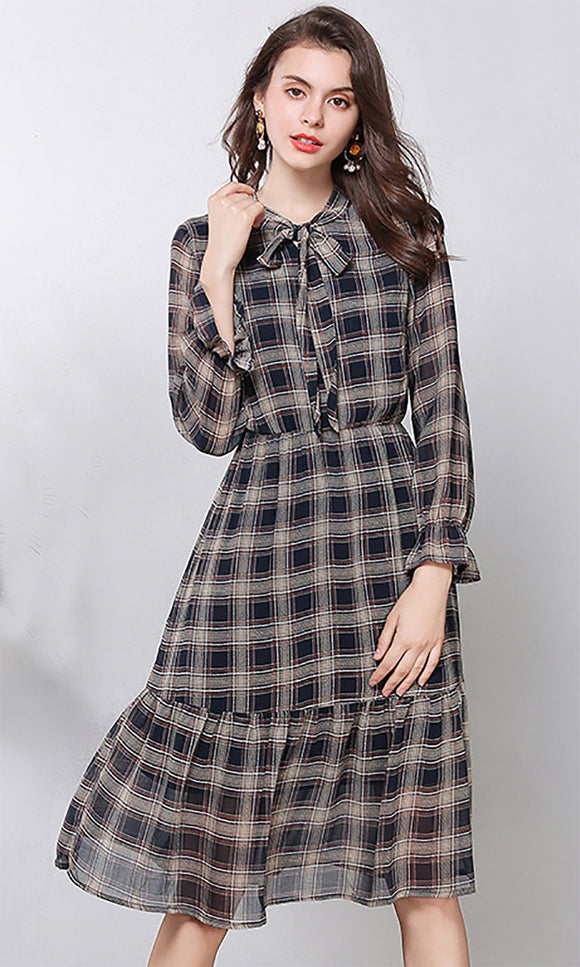 L XL XXL 3XL 4XL 5XL plus size elegant new autumn 2018 long chiffon dress women long sleeve big size blue plaid office mid calf #8015