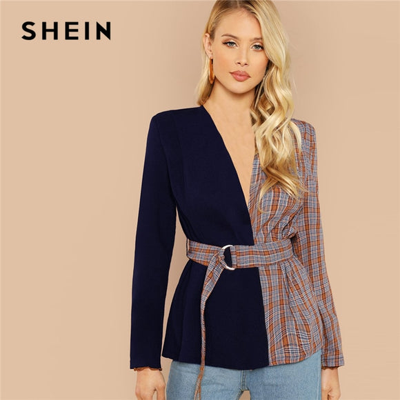 SHEIN Multicolor Elegant Office Lady Two Tone Belted Plaid Regular Fit Fashion Coat 2018 Autumn Workwear Women Coats Outerwear