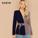 SHEIN Multicolor Elegant Office Lady Two Tone Belted Plaid Regular Fit Fashion Coat 2018 Autumn Workwear Women Coats Outerwear