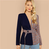 SHEIN Multicolor Elegant Office Lady Two Tone Belted Plaid Regular Fit Fashion Coat 2018 Autumn Workwear Women Coats Outerwear